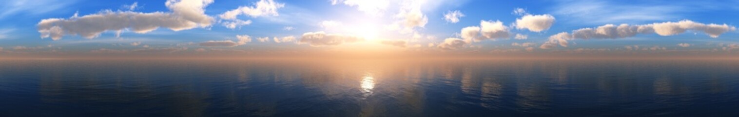 Obraz premium Panorama of the sea sunset. Sunrise over the ocean. The sun is among the clouds over the water .. 3D rendering 