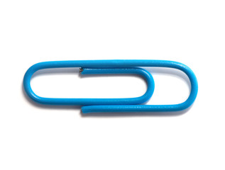 Blue paper clip isolated on white background