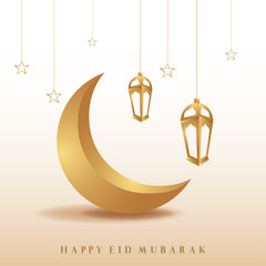 Ramadan mubarak background. Happy eid mubarak greeting card design with half moon and lantern vector illustration. Lantern and half moon realistic illustration. Lantern illustration with golden color.