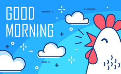 Good Morning poster with clouds and cock on blue background. Thin line flat design. Vector. - 212965869