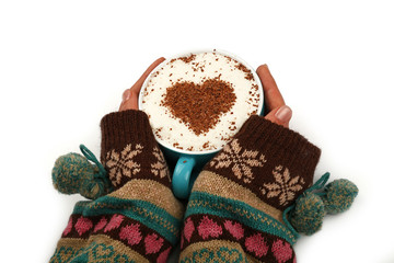 Woman hands hold full latte cappuccino coffee cup