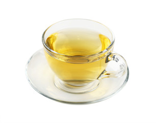 Transparent glass cup of green tea isolated