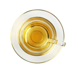Transparent glass cup of green tea isolated