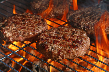 Beef burger for hamburger on barbecue flame grill - obrazy, fototapety, plakaty