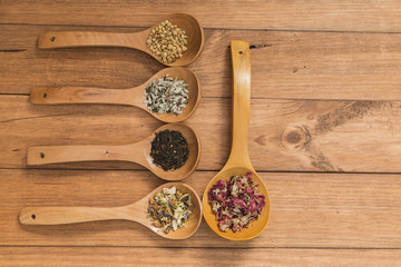 Wooden spoons with different herbs for infusion.