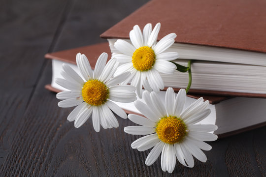 books with bouquet of flowers