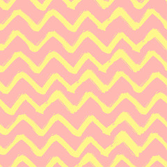 Chevron Zigzag Paint Brush Strokes Seamless pattern. Vector Abstract Grunge pink and yellow background