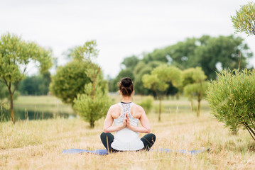 Young girl doing yoga in morning park.Woman Yoga - relax in nature