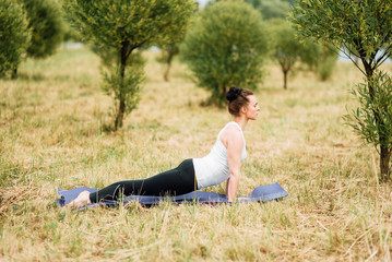 Young girl doing yoga in morning park.Woman Yoga - relax in nature
