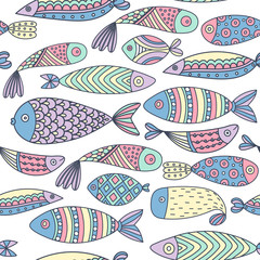 Seamless pattern with fishes. Hand drawn undersea world. Colorful artistic background. Aquarium. Can be used for wallpaper, textiles, wrapping, card, cover. Vector illustration, eps10