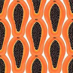 Seamless pattern with tropical fruits. Healthy dessert. Fruity background. Carica papaya. Exotic food. Wrapping paper, print on clothes, wallpaper, summer banner. Vector illustration, eps10