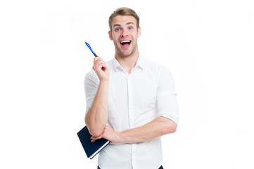Great idea. Businessman planning notepad. Man unshaven manager businessman excited face. Successful...