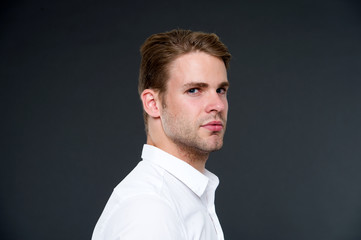 Confidence and masculinity. Guy confident in his appearance. Man well groomed with bristle and...