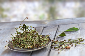 duretic, cherry tails medicine, healthy, herbal tea, virtues on wooden table