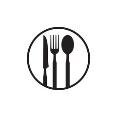 Circle with fork, knife, and spoon logo