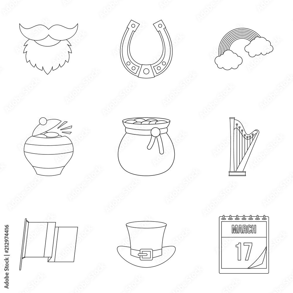 Poster happy patrick day icon set. outline style set of 9 happy patrick day vector icons for web isolated o