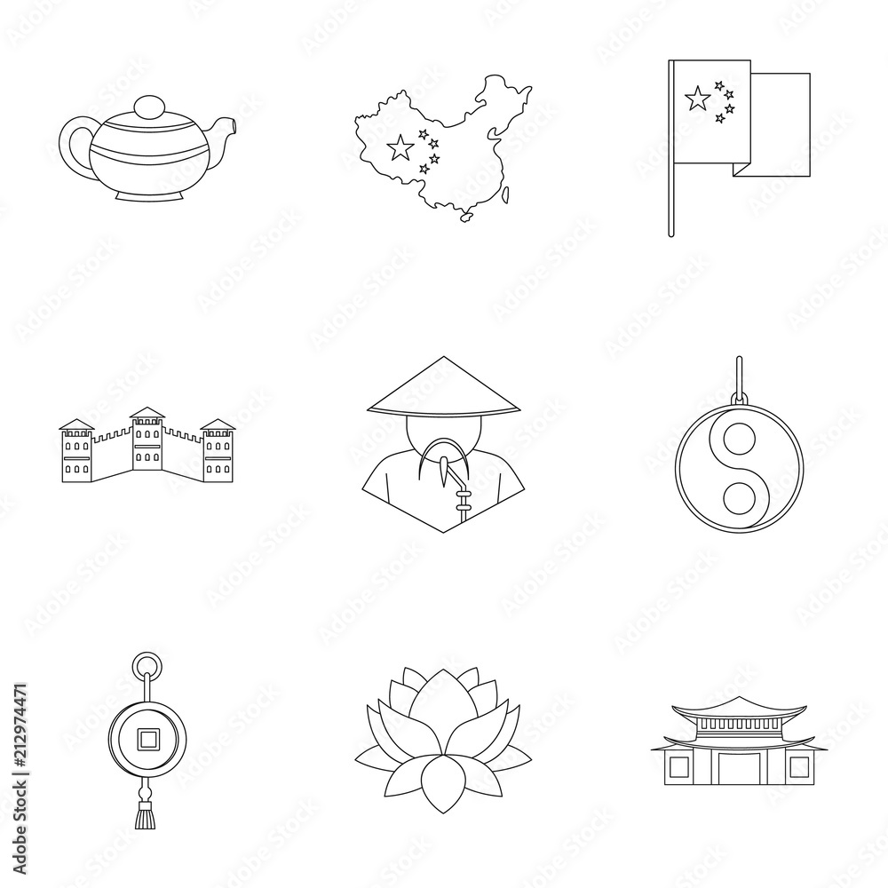 Poster china icon set. outline style set of 9 country of china vector icons for web isolated on white backg