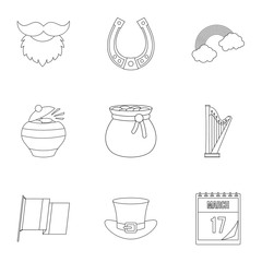 Happy Patrick day icon set. Outline style set of 9 happy Patrick day vector icons for web isolated on white background