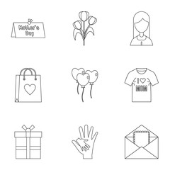 Happy mama day icon set. Outline style set of 9 mother day vector icons for web isolated on white background