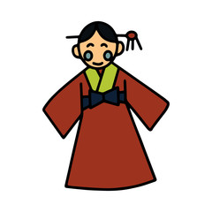 Korean girl in traditional costume cartoon illustration isolated on white background for children color book