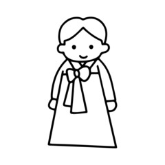 Korean girl in traditional costume cartoon illustration isolated on white background for children color book