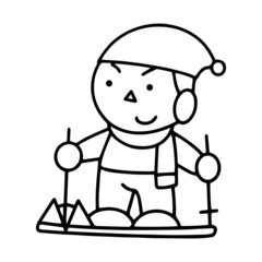 Boy on skis cartoon illustration isolated on white background for children color book