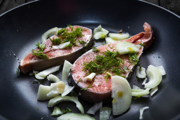 Fish is fried in a frying pan