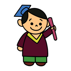 Boy in graduation gown cartoon illustration isolated on white background for children color book