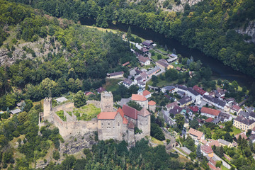 Fototapeta na wymiar Aerial view of medieval castle Hardegg with river dyje in Austria.