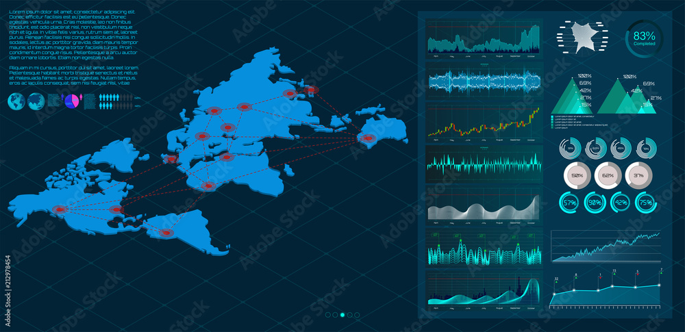 Poster World map with nodes linked by lines. 3D isometric illustration. Business infographics set with different diagram marketing charts and graphs. Vector illustration. Business infographic world map 3D