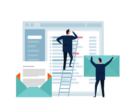 Business man standing looks at large screen. Data analysis, checking email.Digital technologies, computer device. small people in ladder. flat design. Vector illustration.