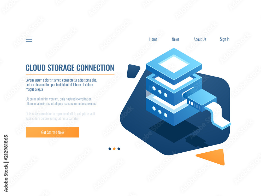 Poster cloud service icon, banner remote data storage and backup system, server room, datacenter and databa