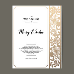 Fototapeta na wymiar Elegant wedding invitation background with floral ornament. Vector greeting card design with golden border.
