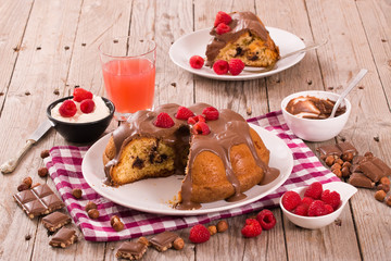 Chocolate cake with raspberries.