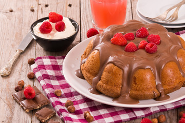 Chocolate cake with raspberries.