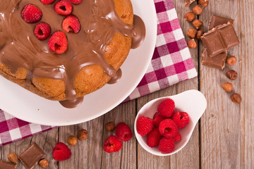 Chocolate cake with raspberries.
