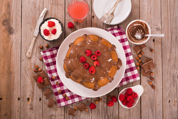 Chocolate cake with raspberries.
