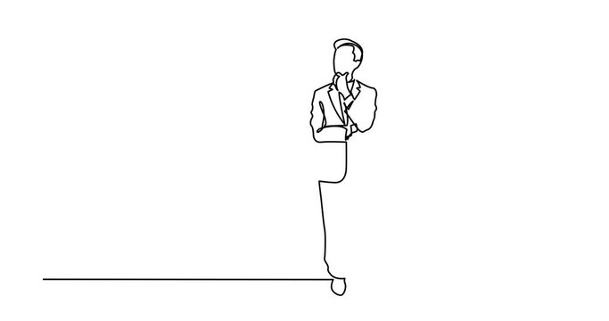 Animation of continuous line drawing of standing thinking man