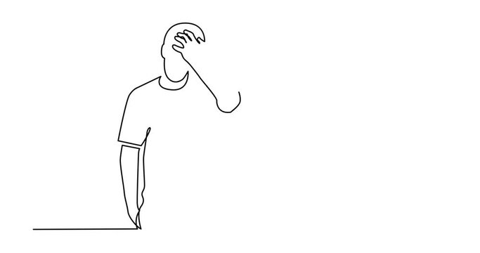 Animation of continuous line drawing of standing upset man