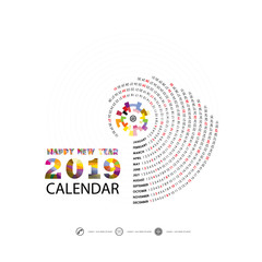 2019 Calendar Template.Spiral calendar.Calendar 2019 Set of 12 Months.Yearly calendar vector design stationery template.Vector illustration.