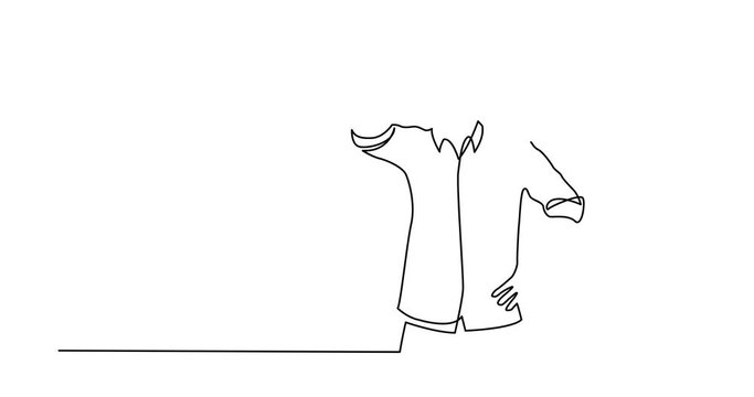 Animation of continuous line drawing of standing confused man in shirt