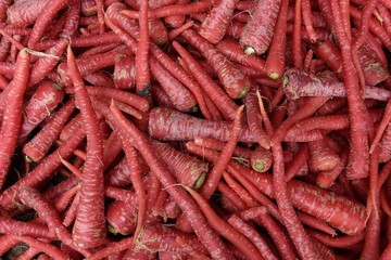 Bright red raw Indian carrots, farmers market, Rajasthan, India