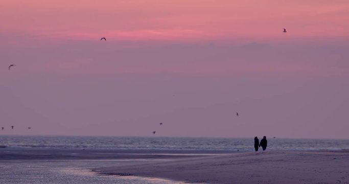 Gold hour sunset in Denmark Scandinavia Europe on beach with people walking