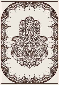 Greeting card with Iilustration of Hamsa with boho pattern. Henna Buddhas hand. Vector element for your sketch of tattoo, coloring book, T-shirt print and your design.