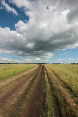 summer landscape with clouds over the road in the field