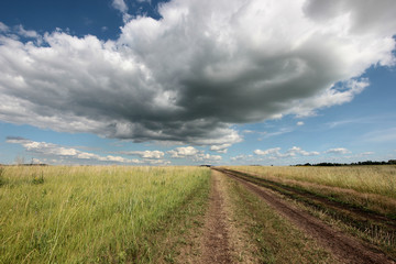 Fototapeta na wymiar summer landscape with clouds over the road in the field