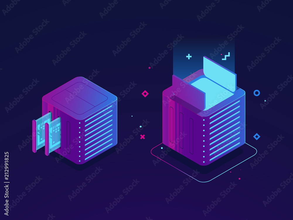 Poster data center, upgrading computer system, slot of memory card,open and close box isometric server room