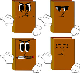 Books with pointing hand behind his back. Cartoon book collection with angry faces. Expressions vector set.