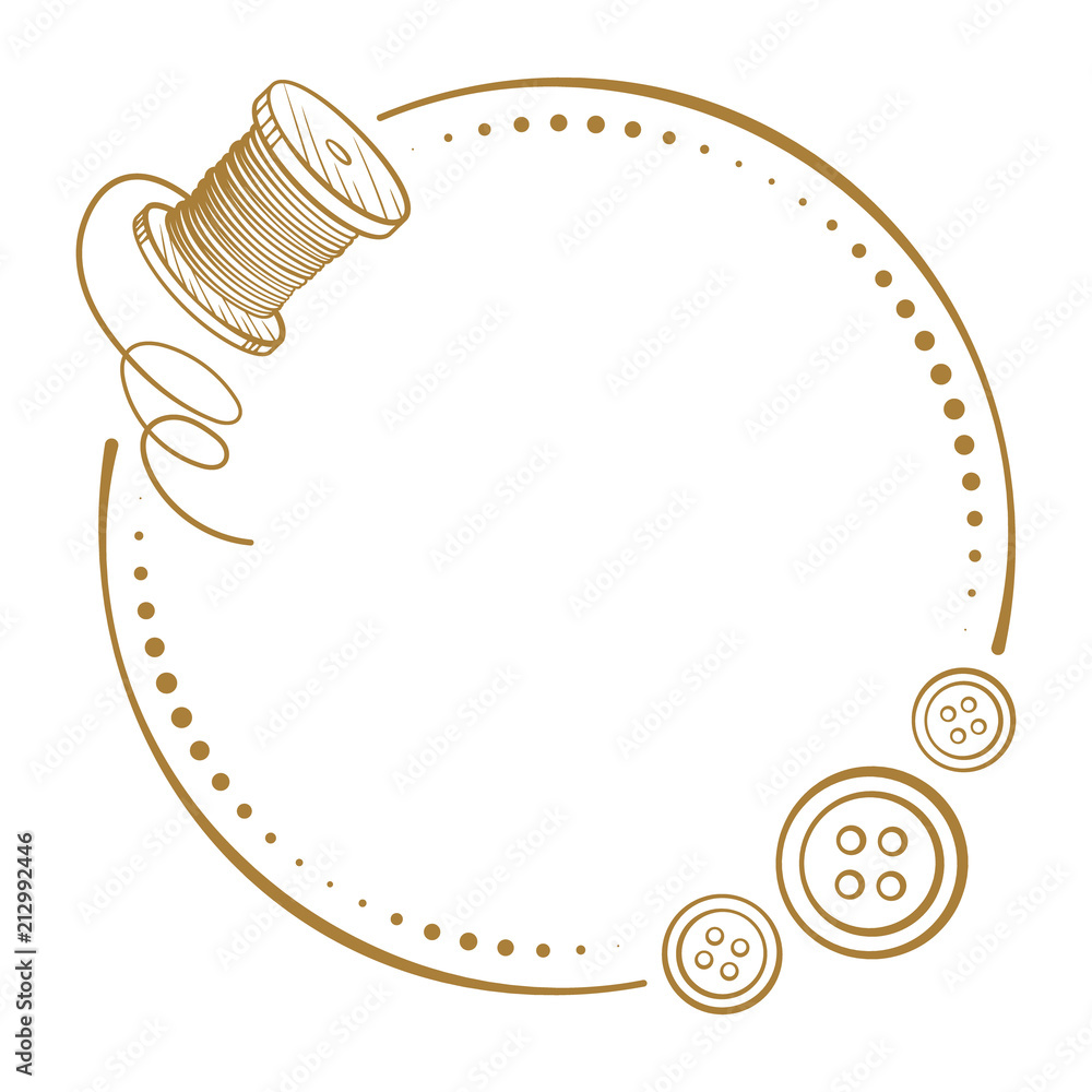 Wall mural vector round dotted frame frame with spool of thread and a buttons