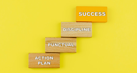 Successful step. Wood block stacking as step stair on yellow background, Goal achievement goal...
